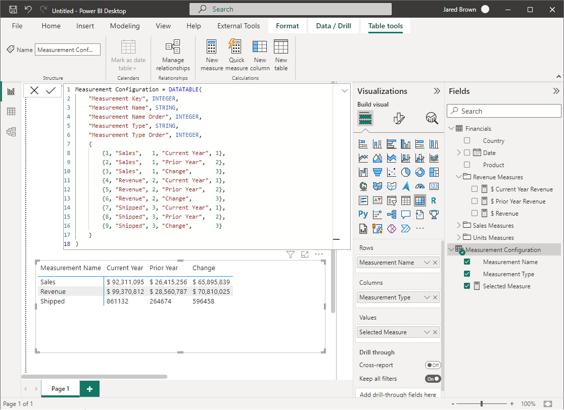 DAX used to create a configuration table for the two required dimensions